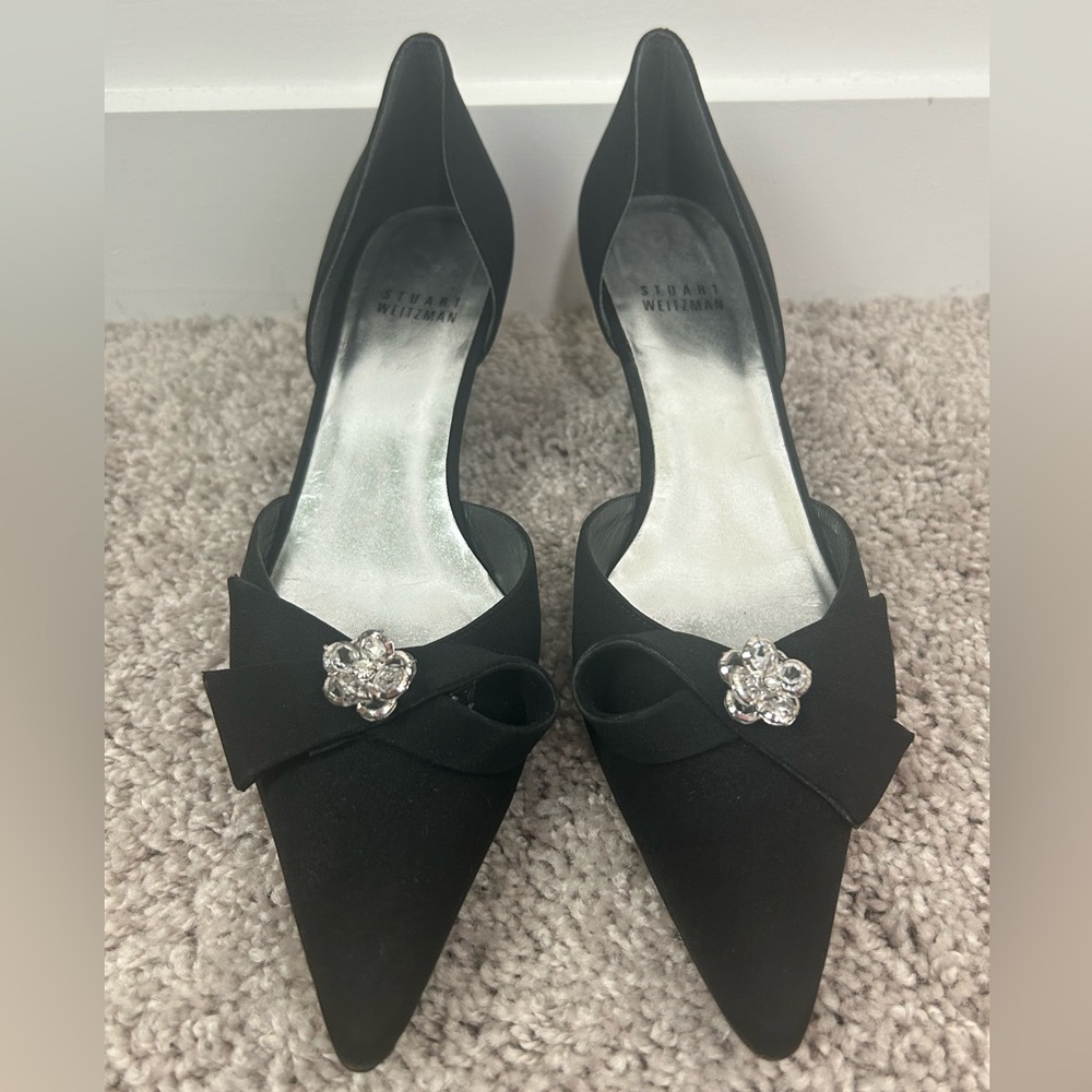Stuart Weitzman Black Pointed Toe D'Orsay Pumps with Bow and Crystal Accent